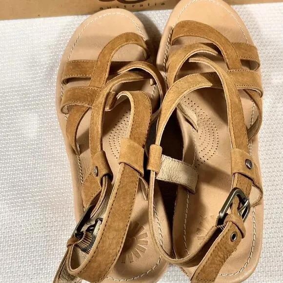 NIB Ugg Wedge High Heel Strappy Sandals Size 9 Brown Leather‎ - Picture 13 of 16